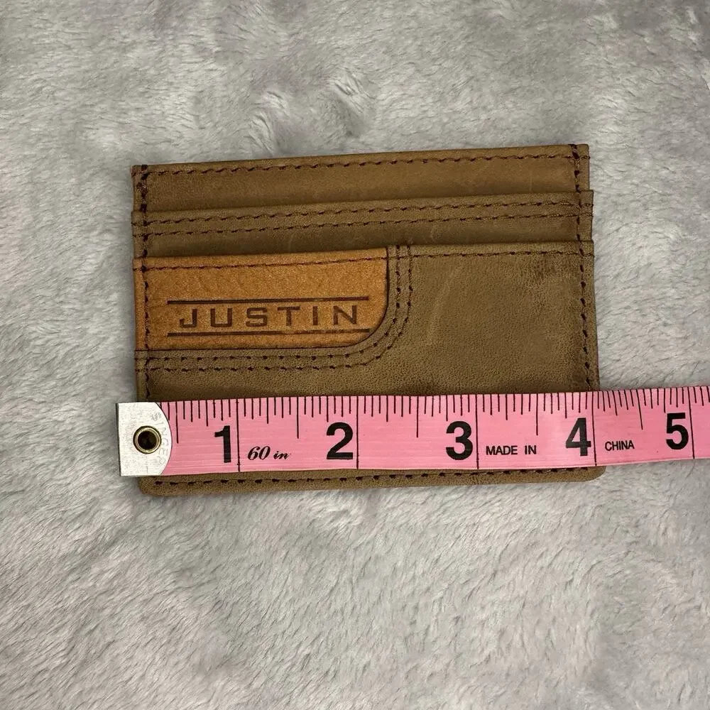 Justin Card Wallet Genuine‎ Suede Leather Tan Brown Logo Justin Boots Cowboy